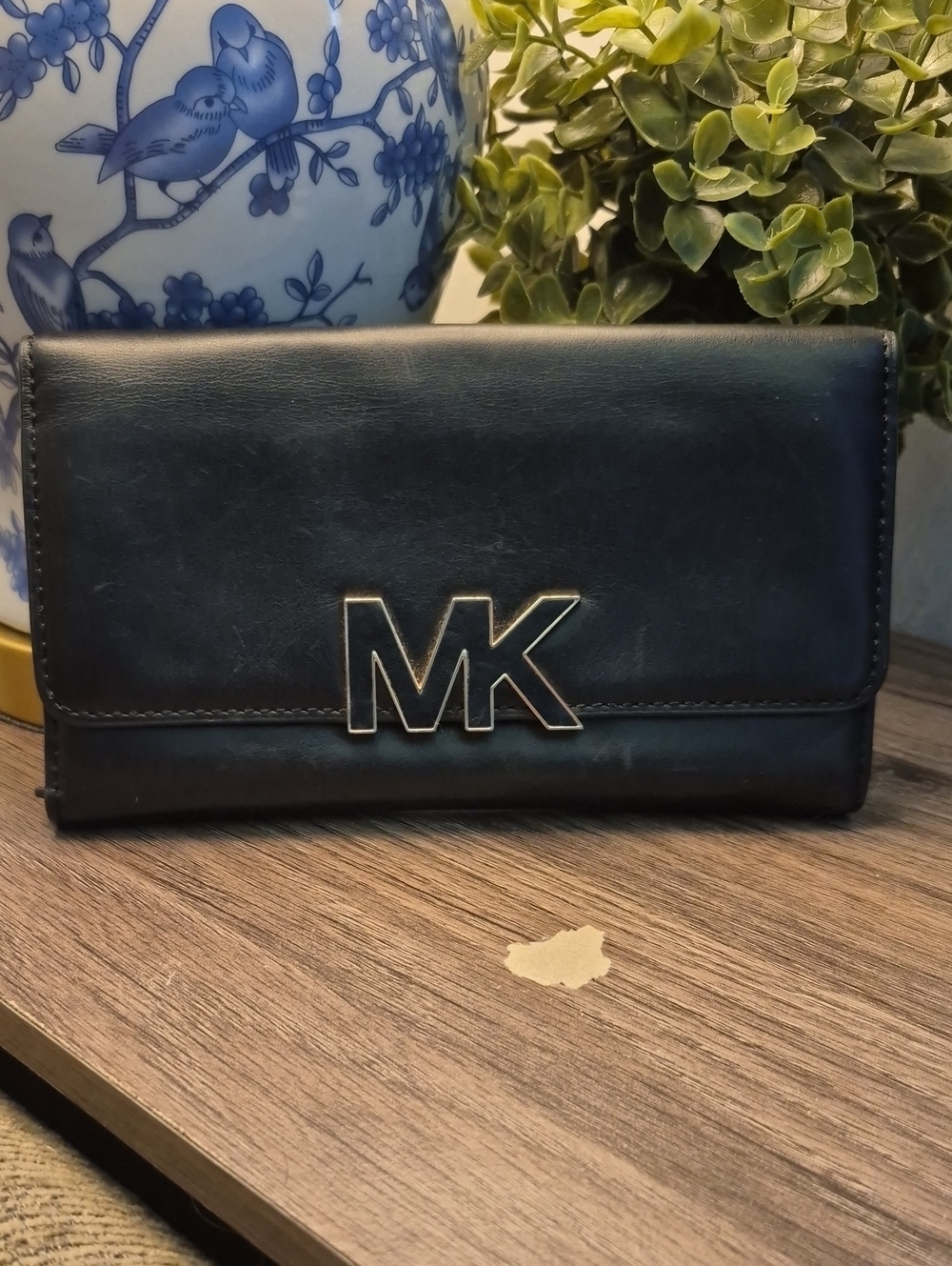 Michael Kors Black Leather Folded Wallet with Gold MK Emblem